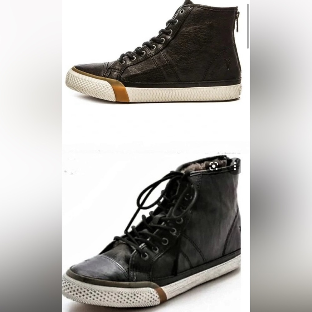 Frye Greene High Back Black Leather Sneakers Zip back Shearling Womens Size 8 M